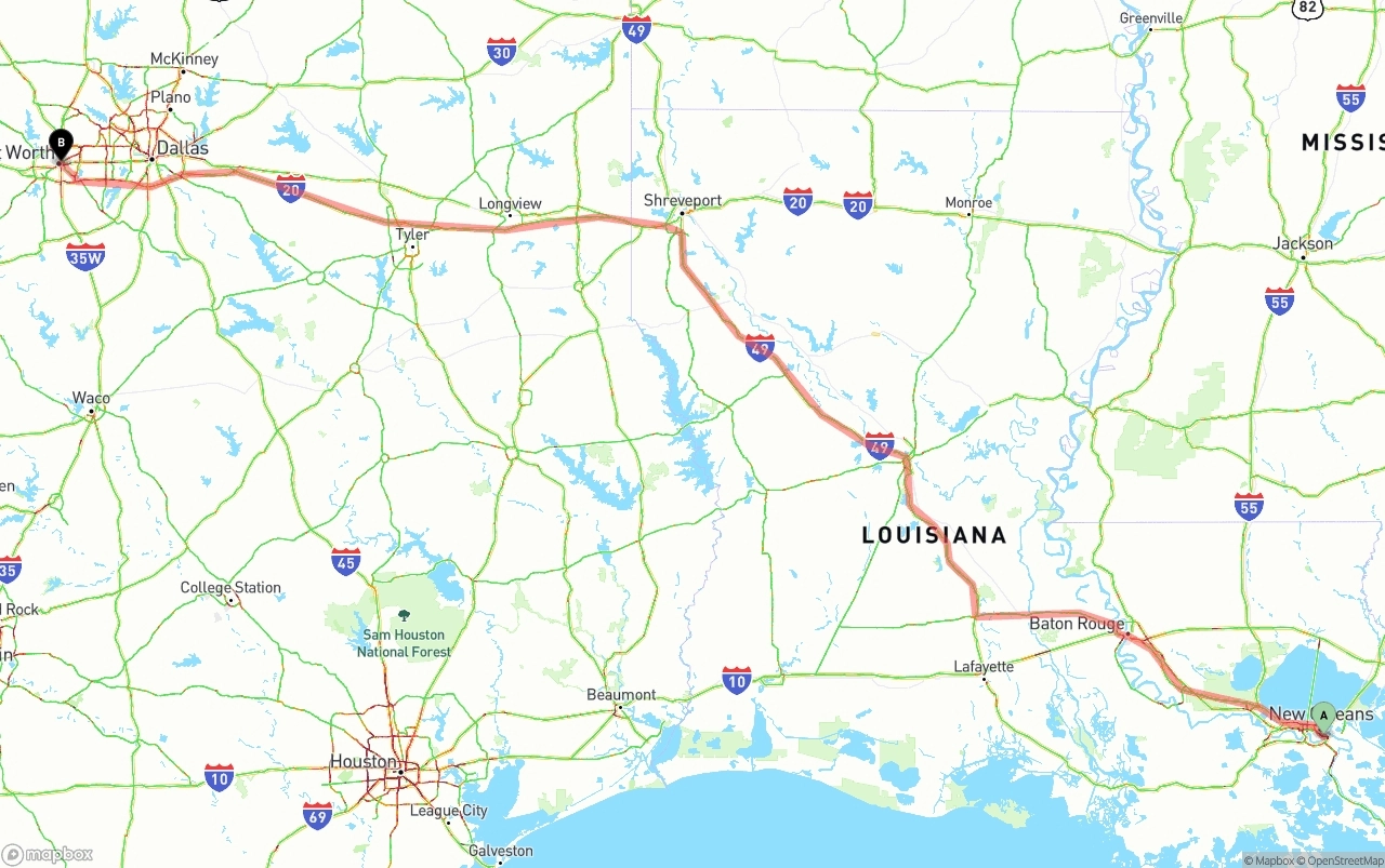 Shipping route from Port of New Orleans to Fort Worth