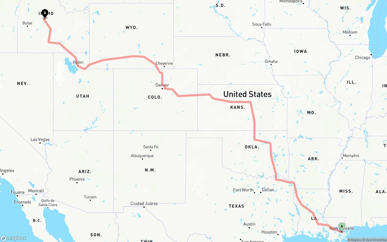 Shipping route from Port of New Orleans to Idaho