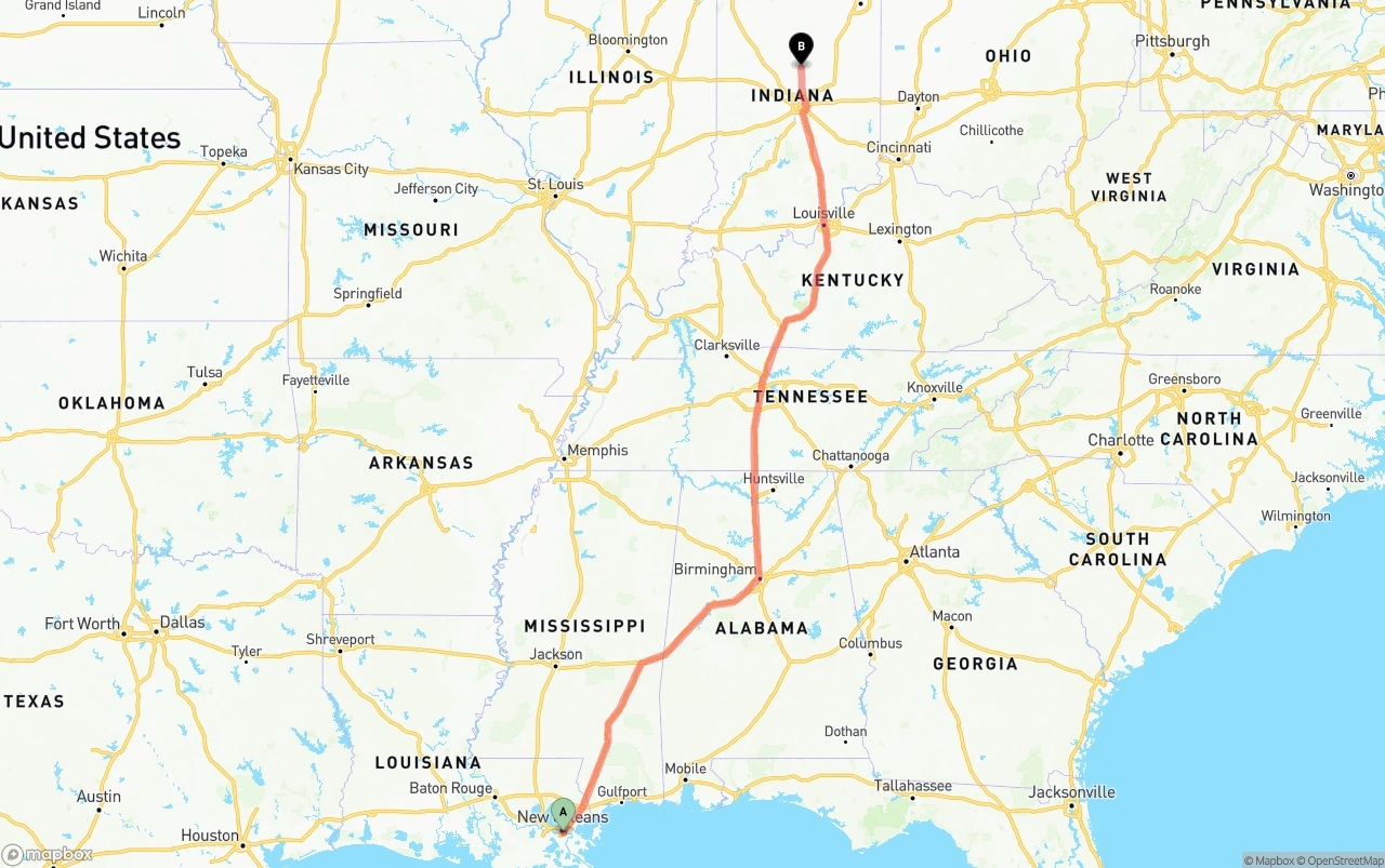 Shipping route from Port of New Orleans to Indiana