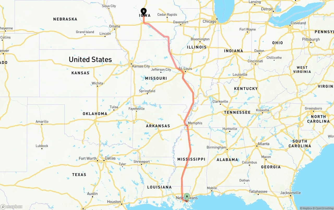 Shipping route from Port of New Orleans to Iowa