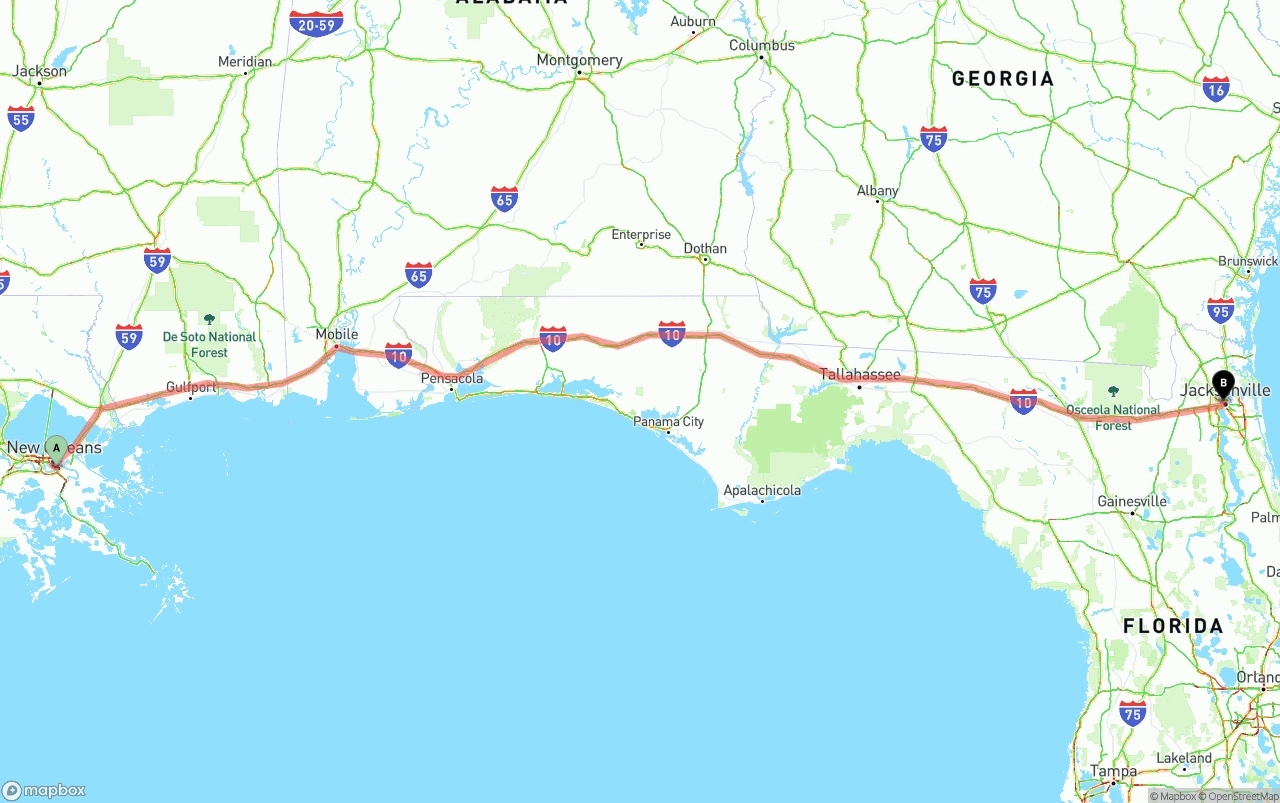 Shipping route from Port of New Orleans to Jacksonville
