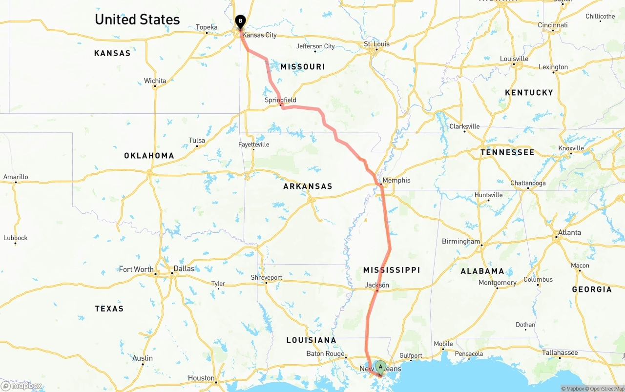 Shipping route from Port of New Orleans to Kansas City