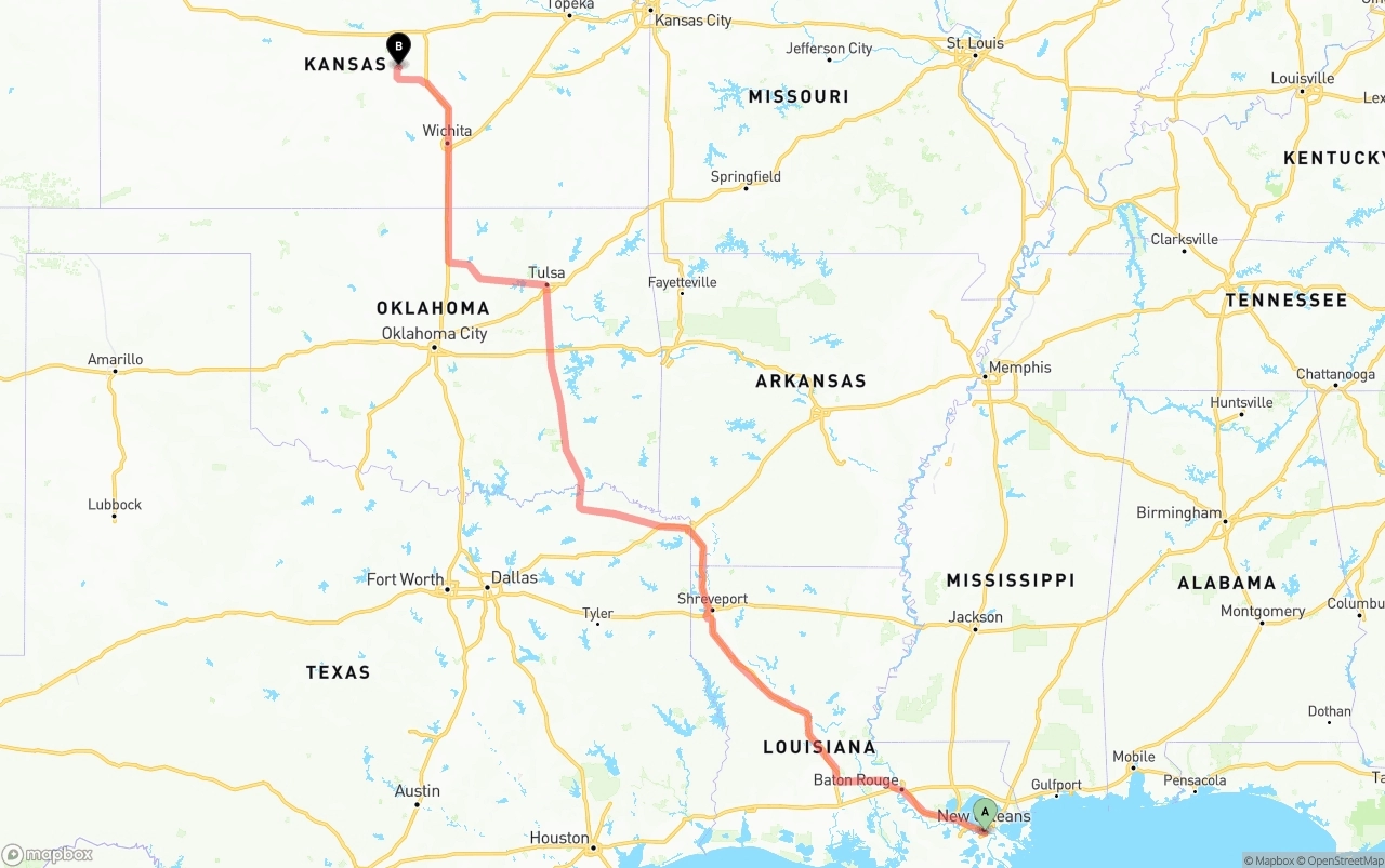 Shipping route from Port of New Orleans to Kansas