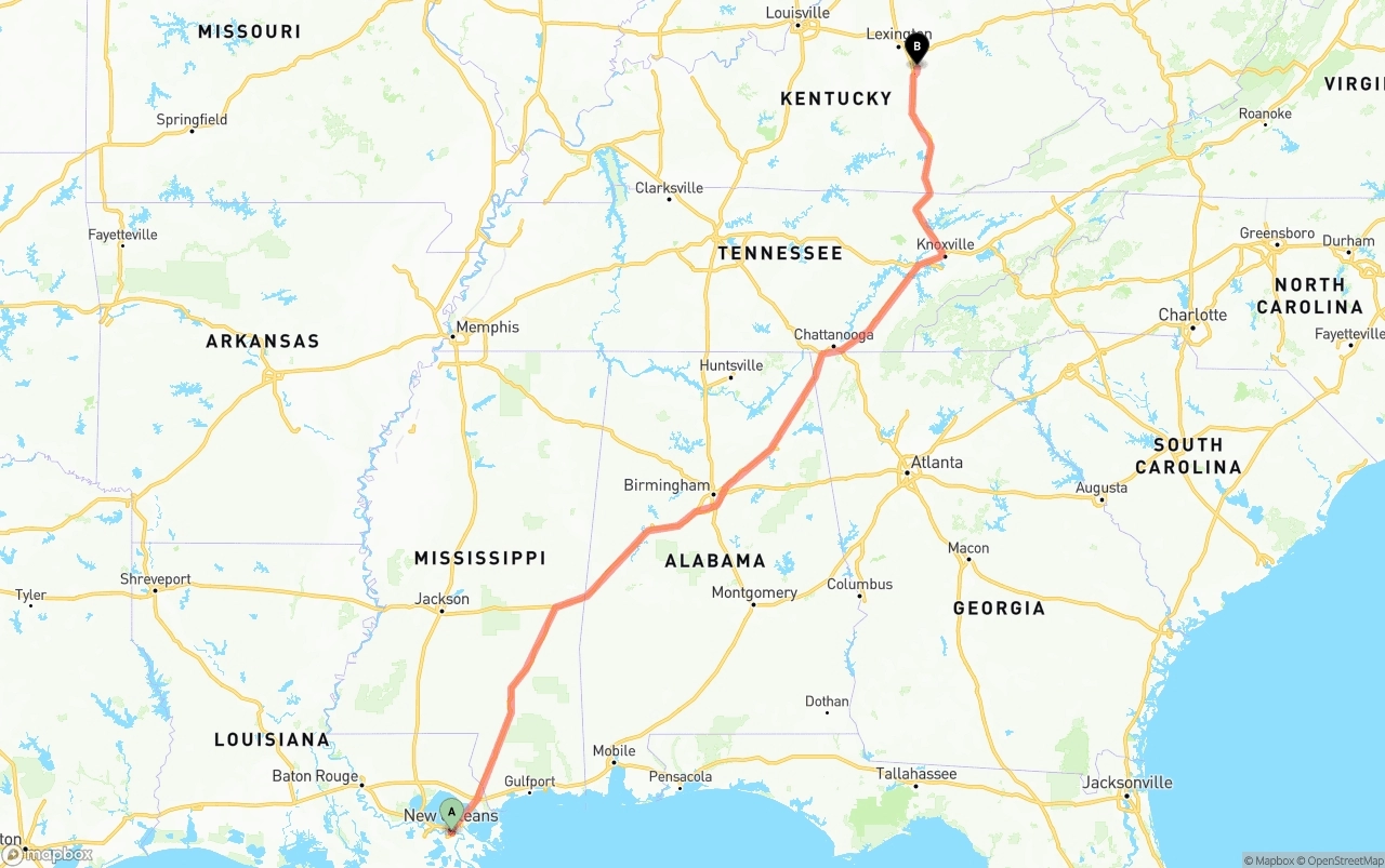 Shipping route from Port of New Orleans to Kentucky