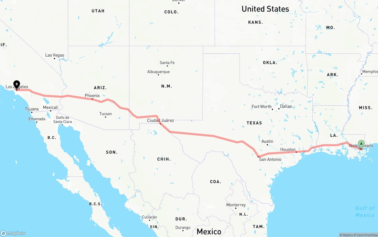 Shipping route from Port of New Orleans to Los Angeles