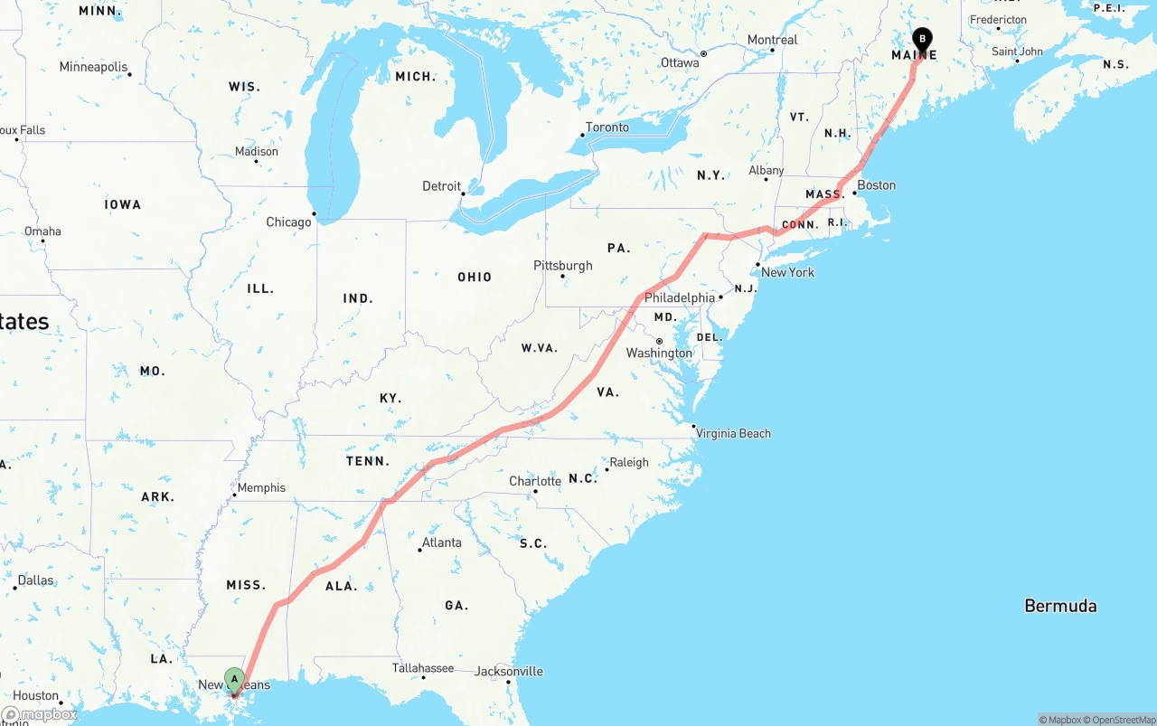 Shipping route from Port of New Orleans to Maine