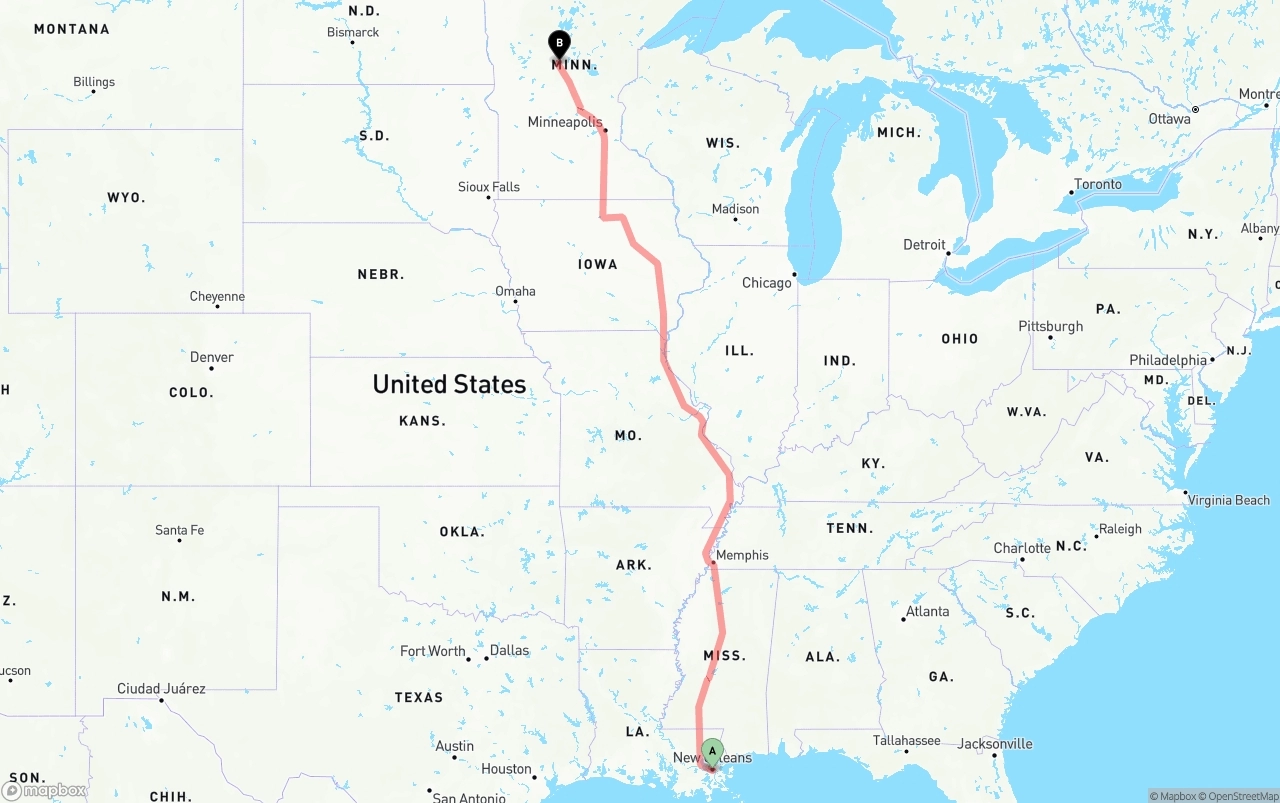 Shipping route from Port of New Orleans to Minnesota
