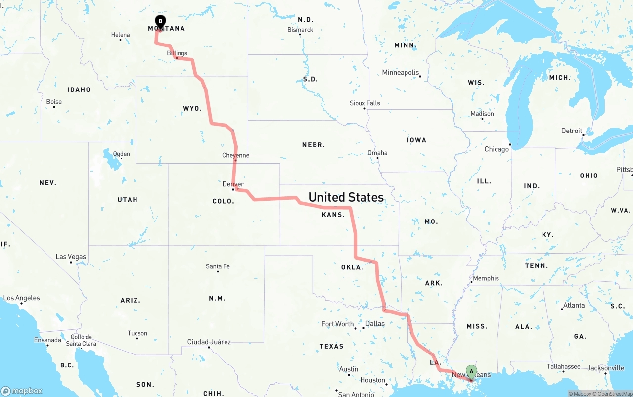 Shipping route from Port of New Orleans to Montana