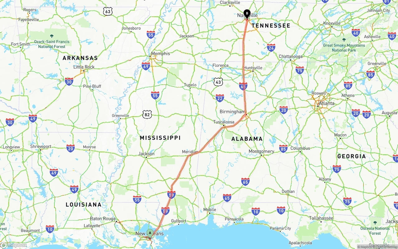 Shipping route from Port of New Orleans to Nashville