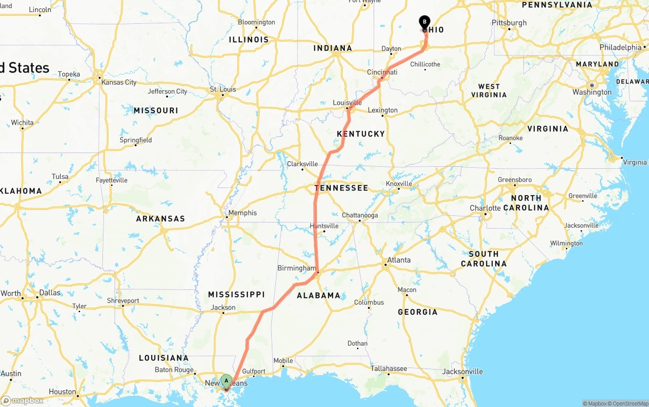 Shipping route from Port of New Orleans to Ohio