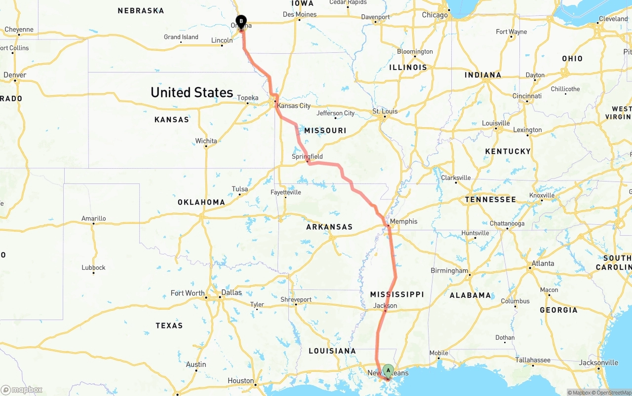 Shipping route from Port of New Orleans to Omaha