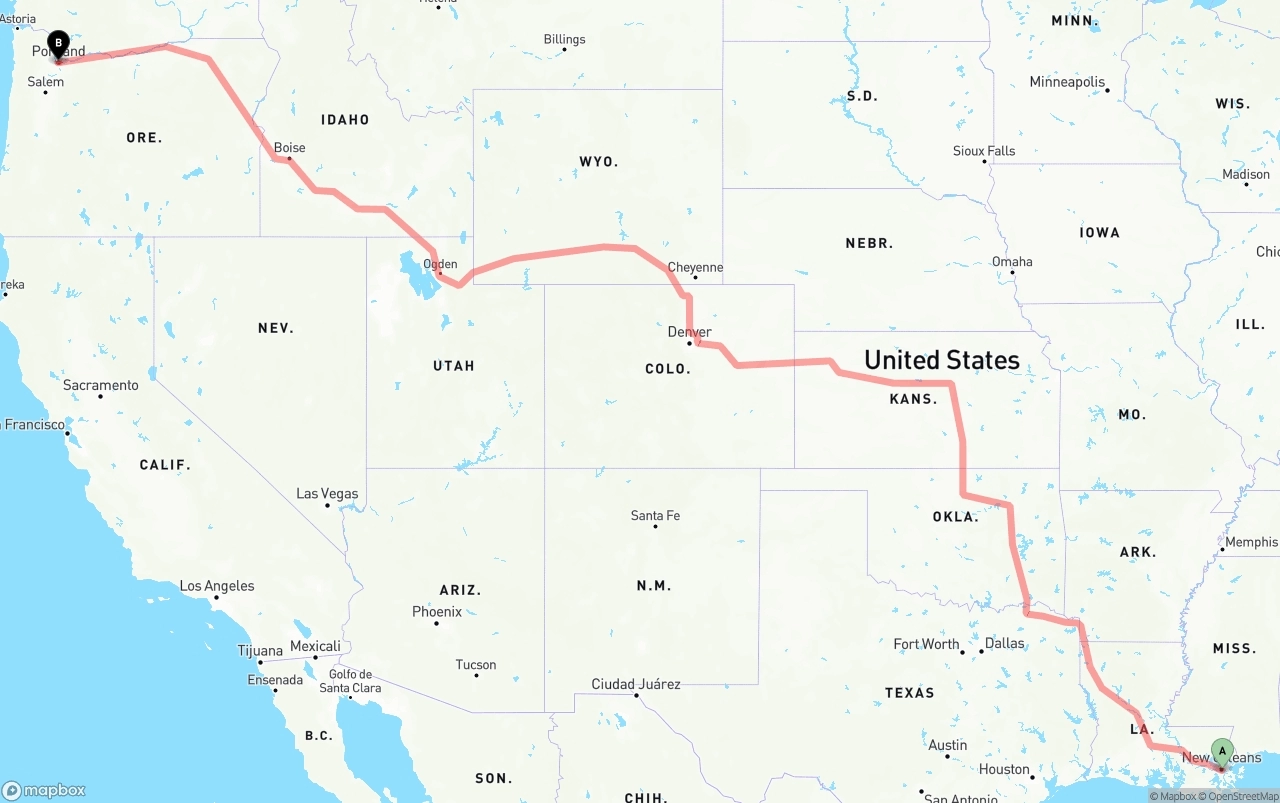 Shipping route from Port of New Orleans to Portland
