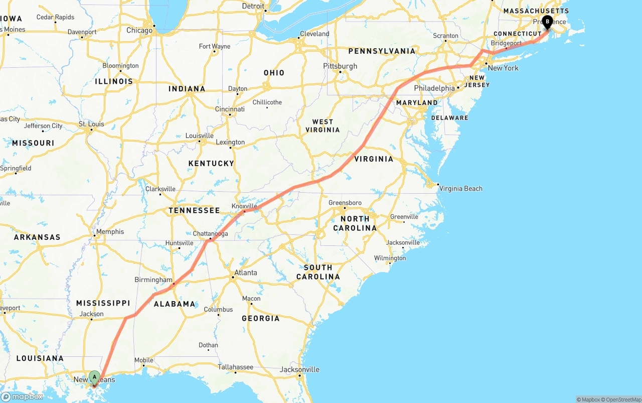 Shipping route from Port of New Orleans to Rhode Island