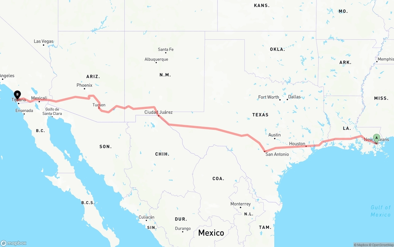 Shipping route from Port of New Orleans to San Diego