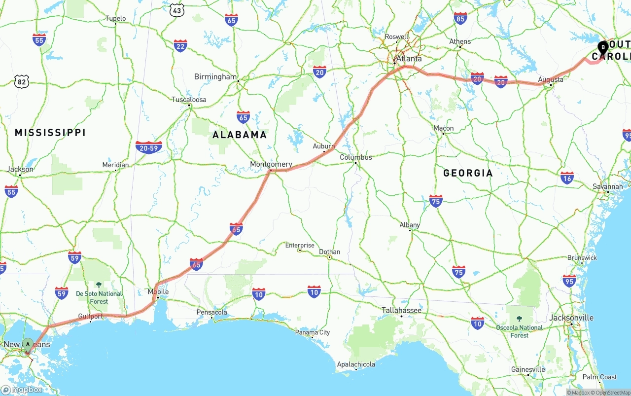 Shipping route from Port of New Orleans to South Carolina