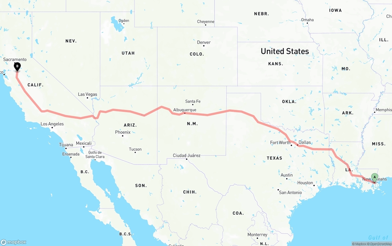 Shipping route from Port of New Orleans to Stockton