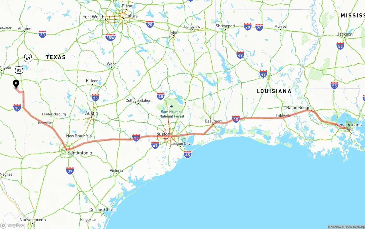 Shipping route from Port of New Orleans to Texas