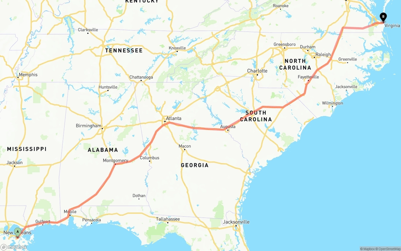 Shipping route from Port of New Orleans to Virginia Beach