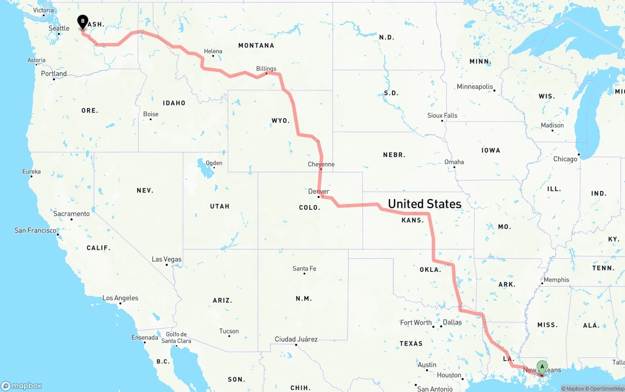 Shipping route from Port of New Orleans to Washington