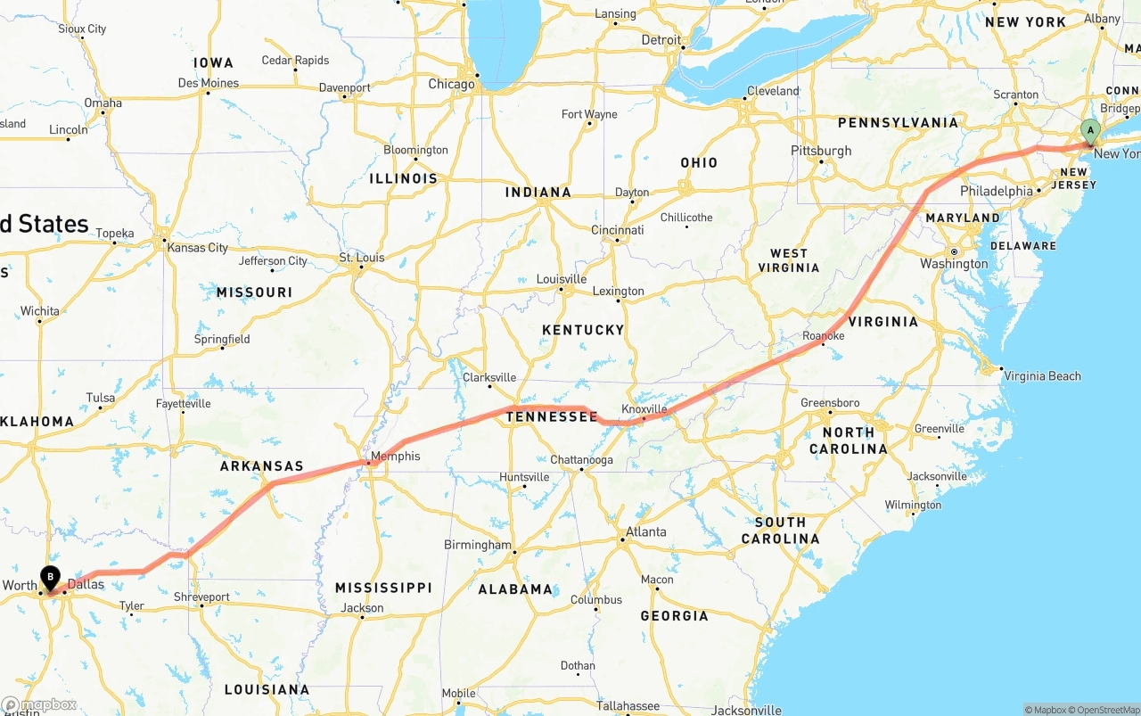 Shipping route from Port of New York to Arlington