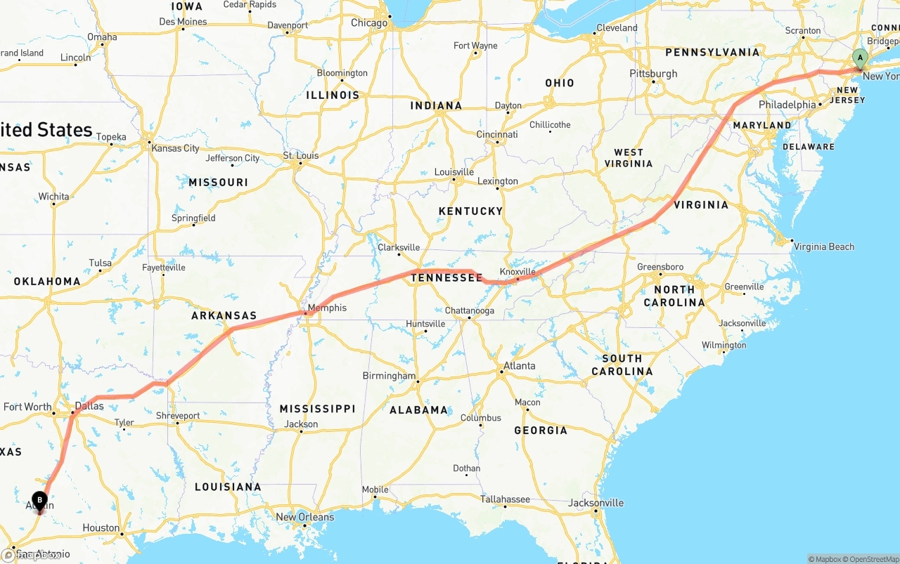 Shipping route from Port of New York to Austin