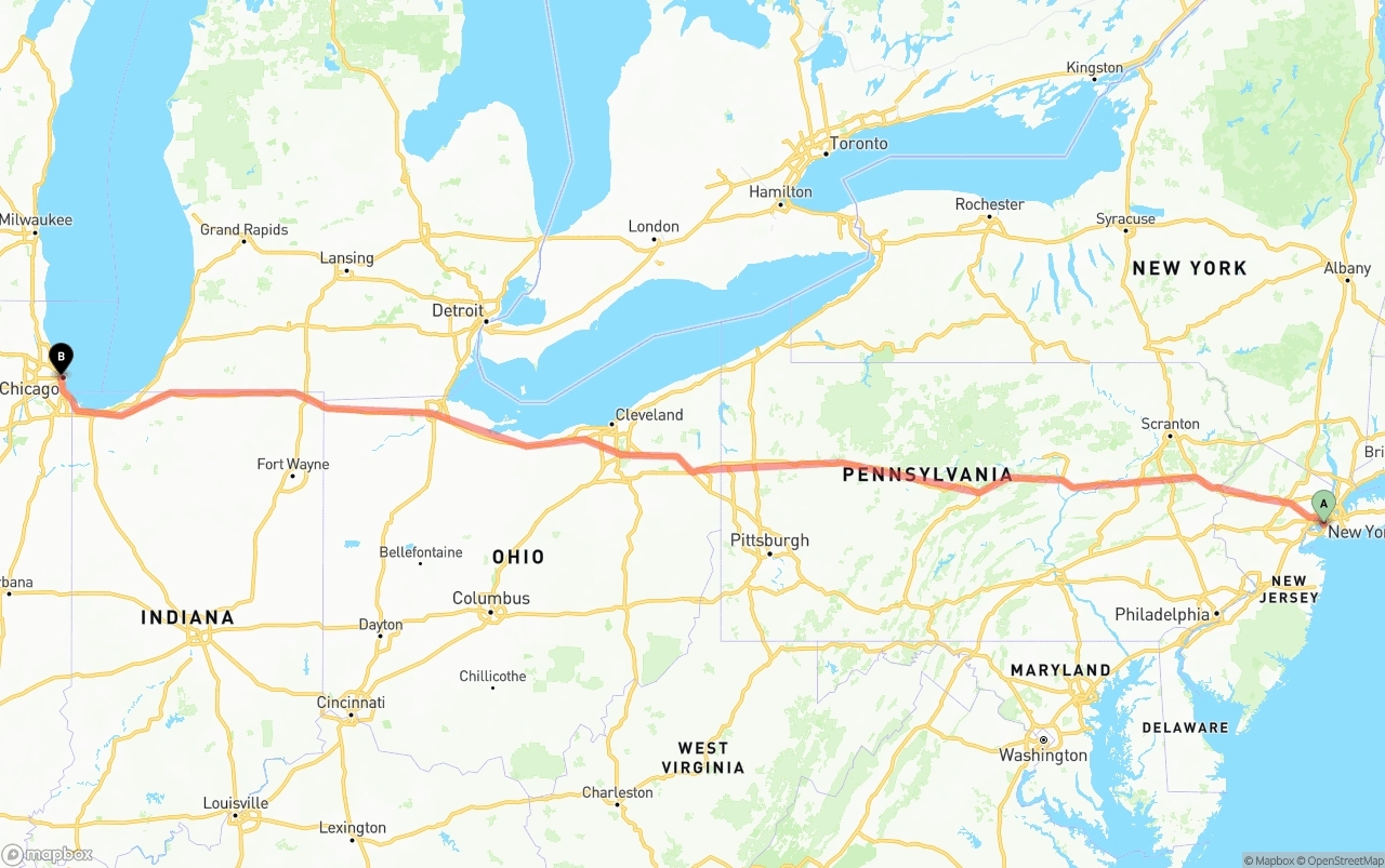 Shipping route from Port of New York to Chicago