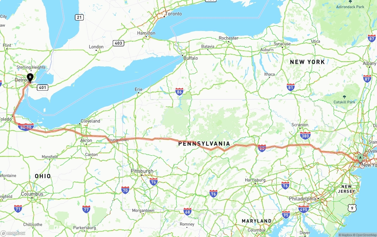 Shipping route from Port of New York to Detroit