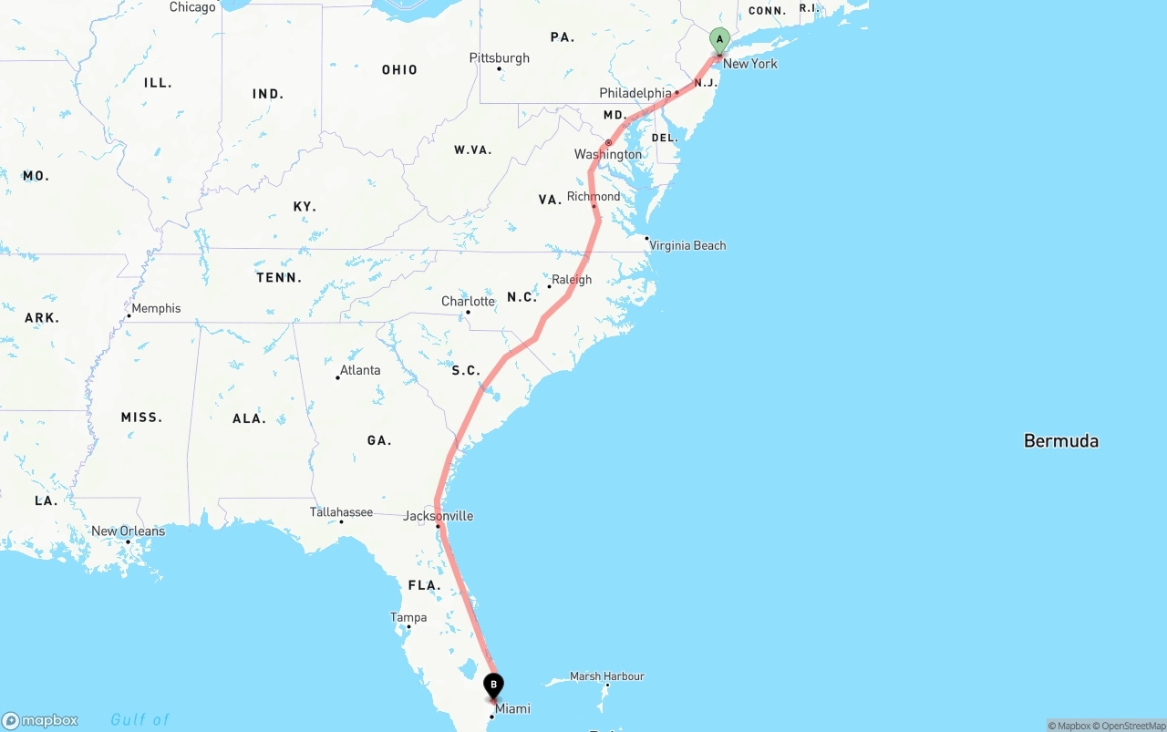 Shipping route from Port of New York to Ft. Lauderdale