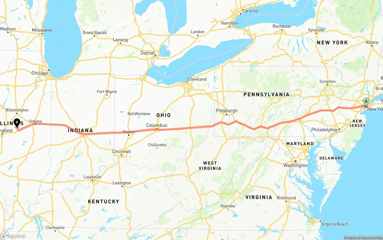 Shipping route from Port of New York to Illinois