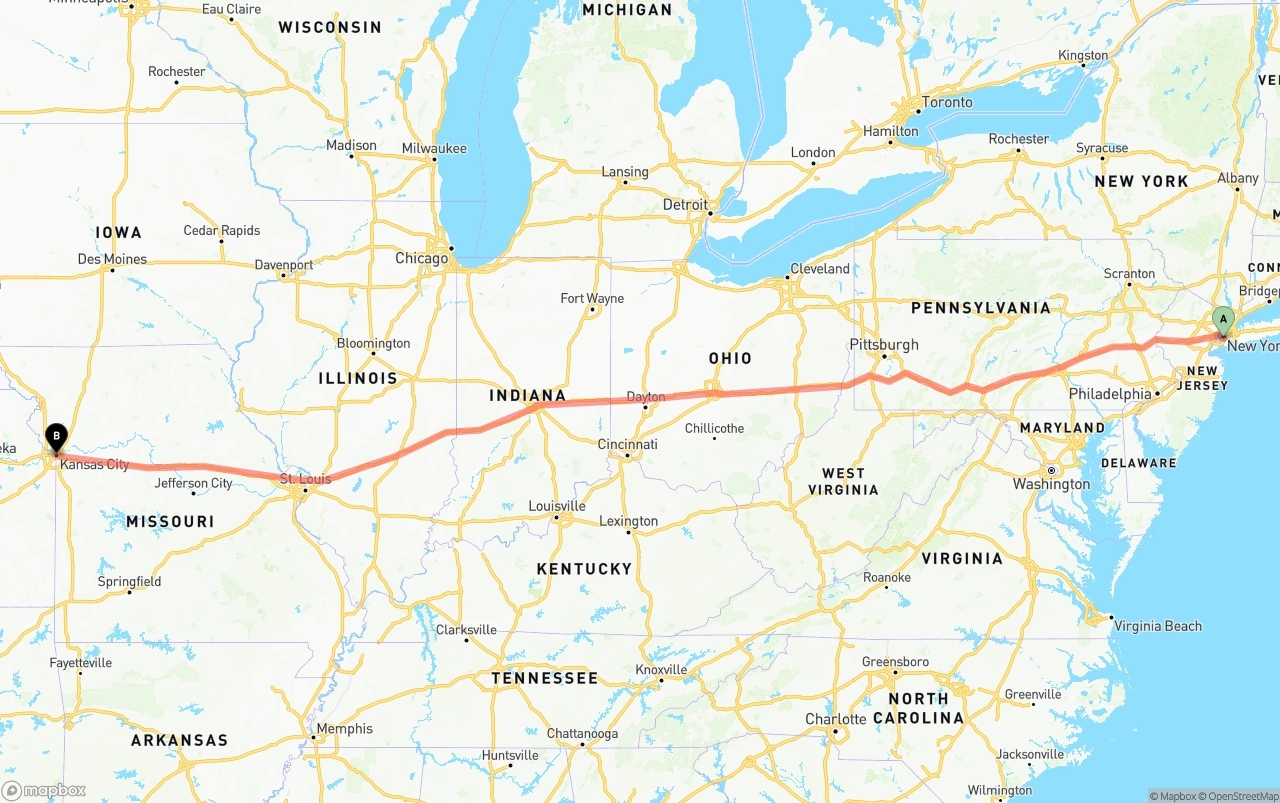 Shipping route from Port of New York to Kansas City