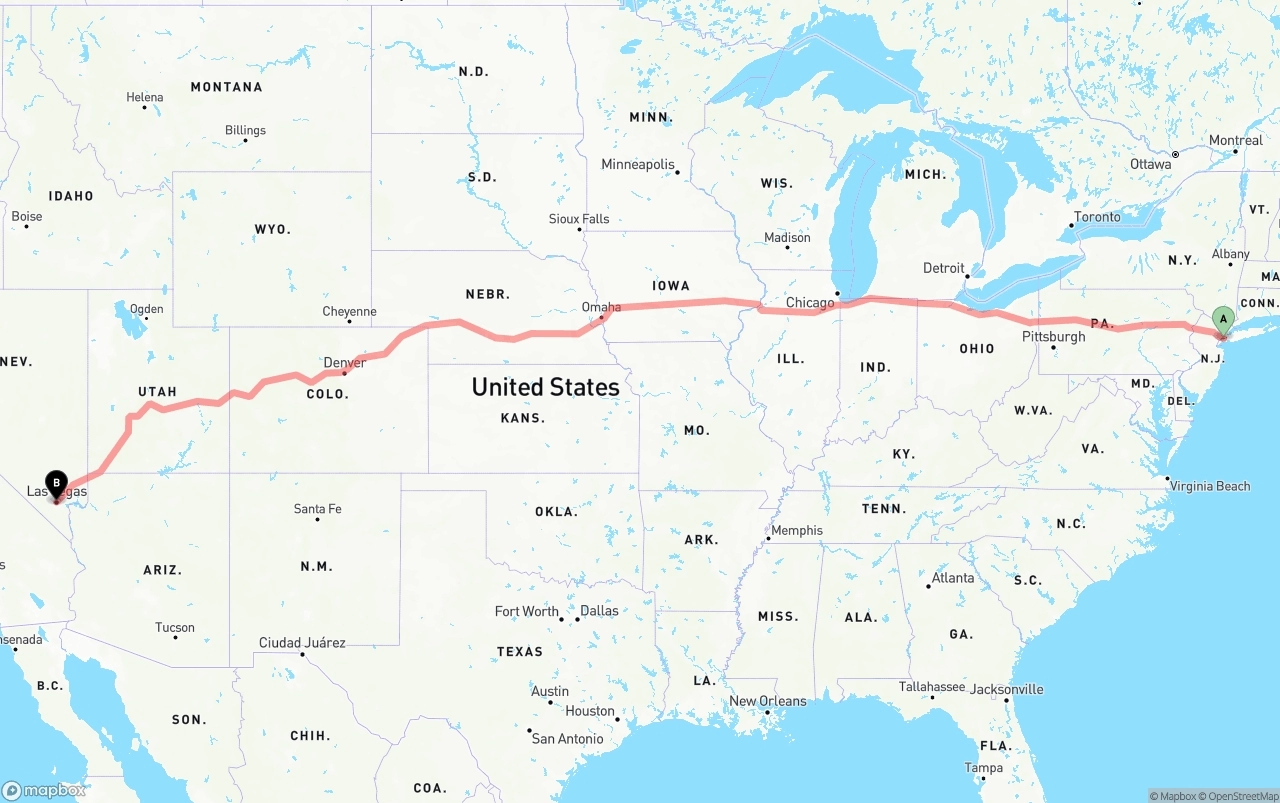 Shipping route from Port of New York to Las Vegas