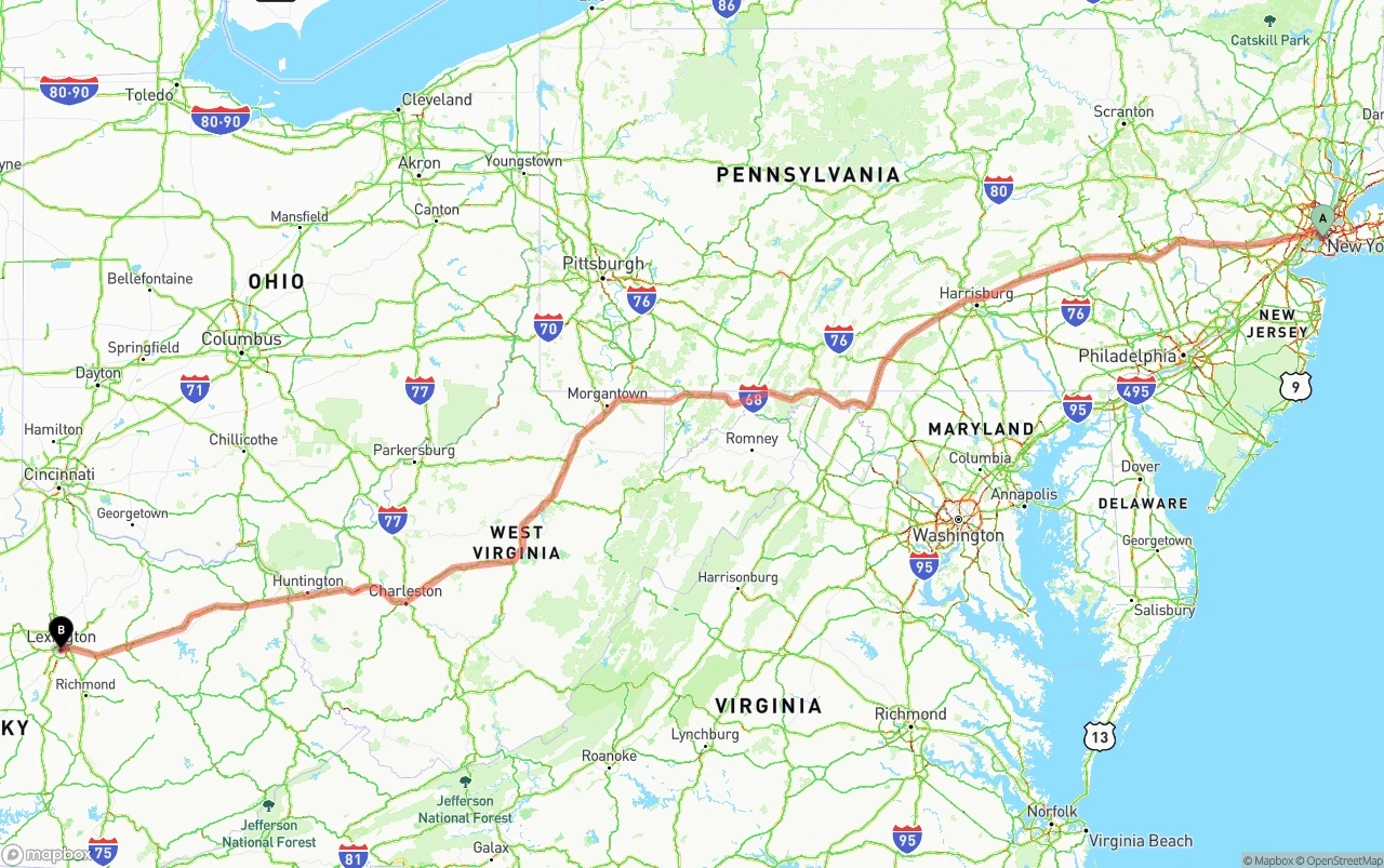 Shipping route from Port of New York to Lexington