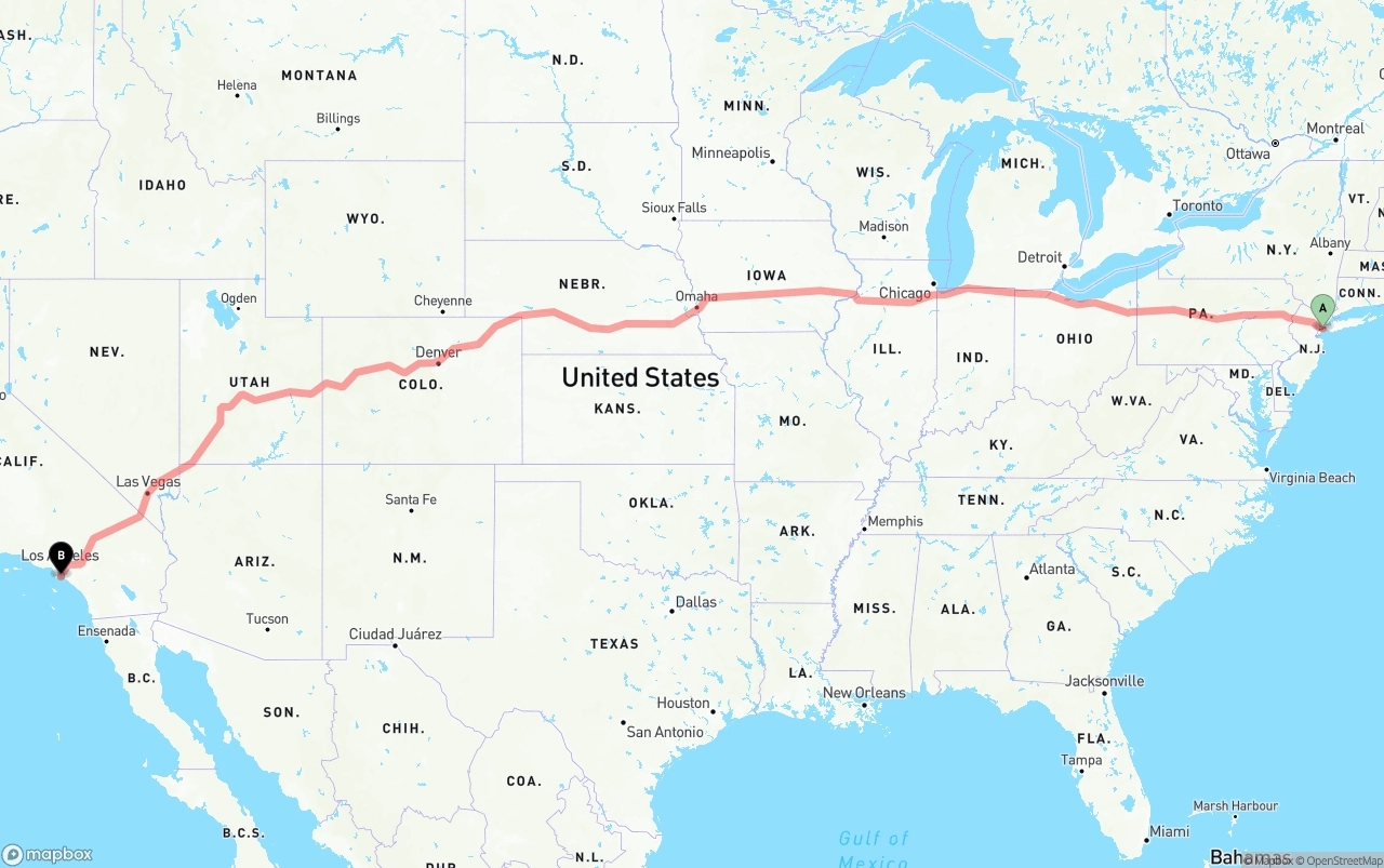 Shipping route from Port of New York to Long Beach