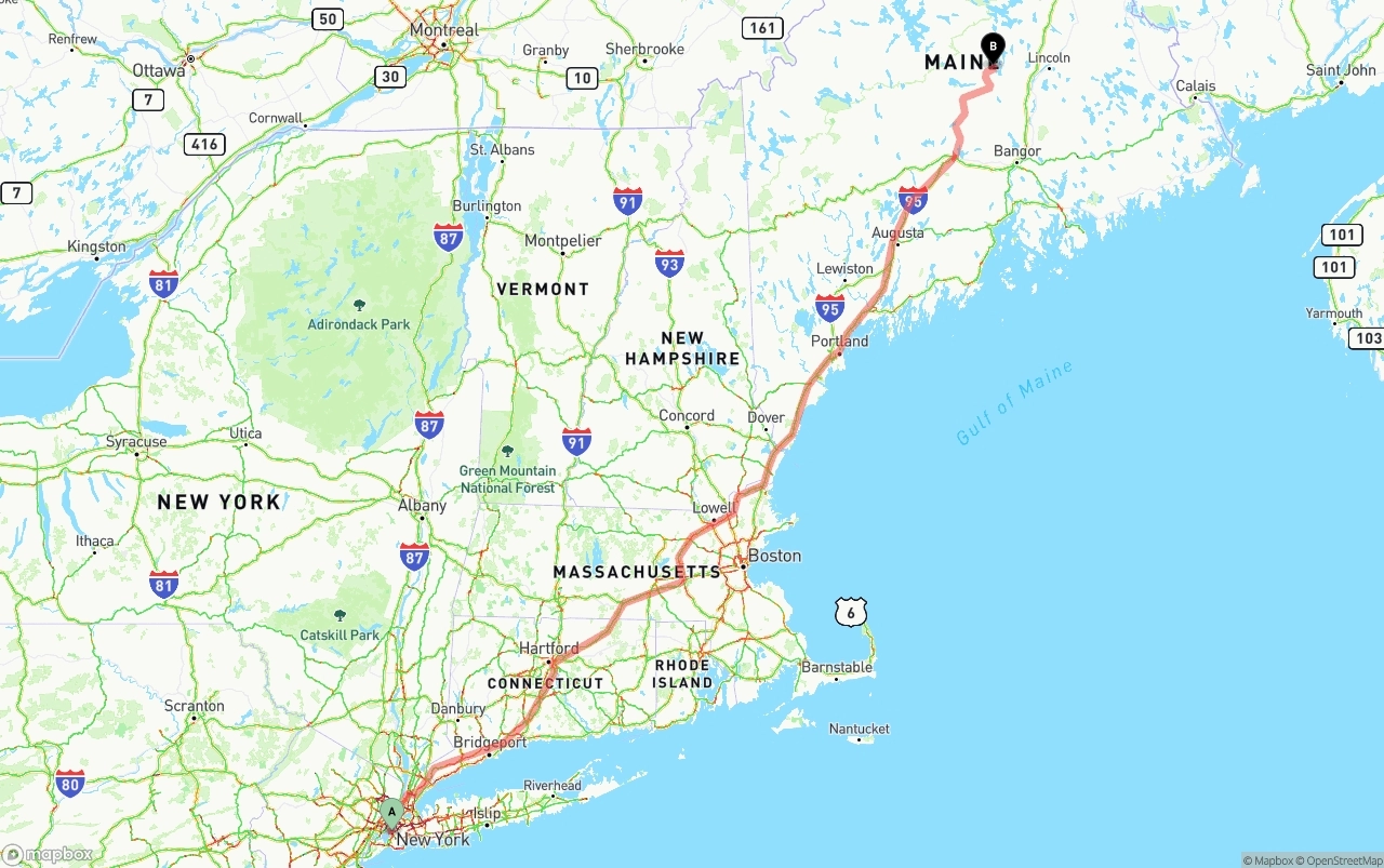 Shipping route from Port of New York to Maine