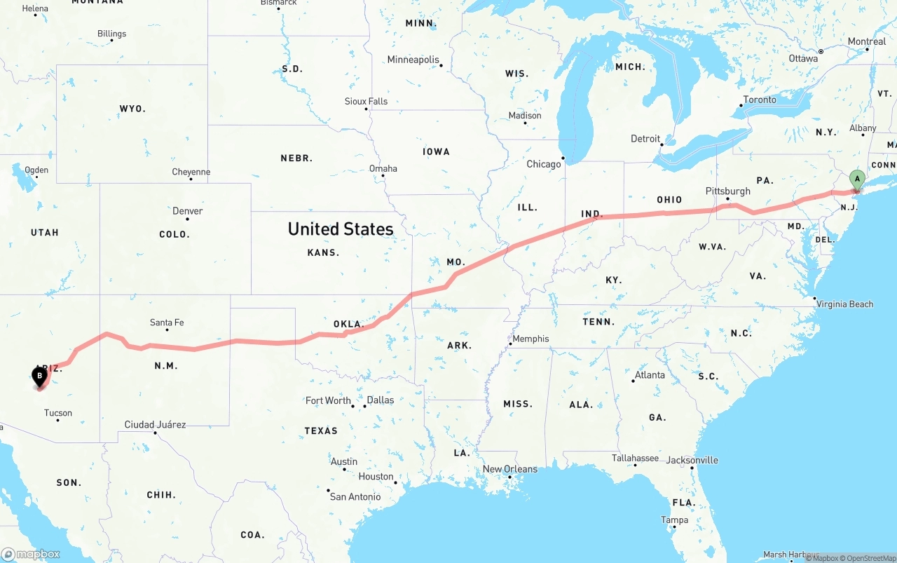 Shipping route from Port of New York to Mesa