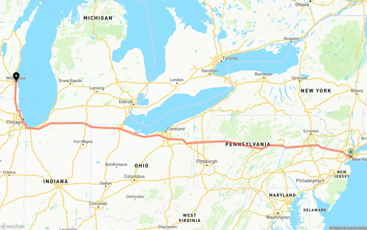 Shipping route from Port of New York to Milwaukee