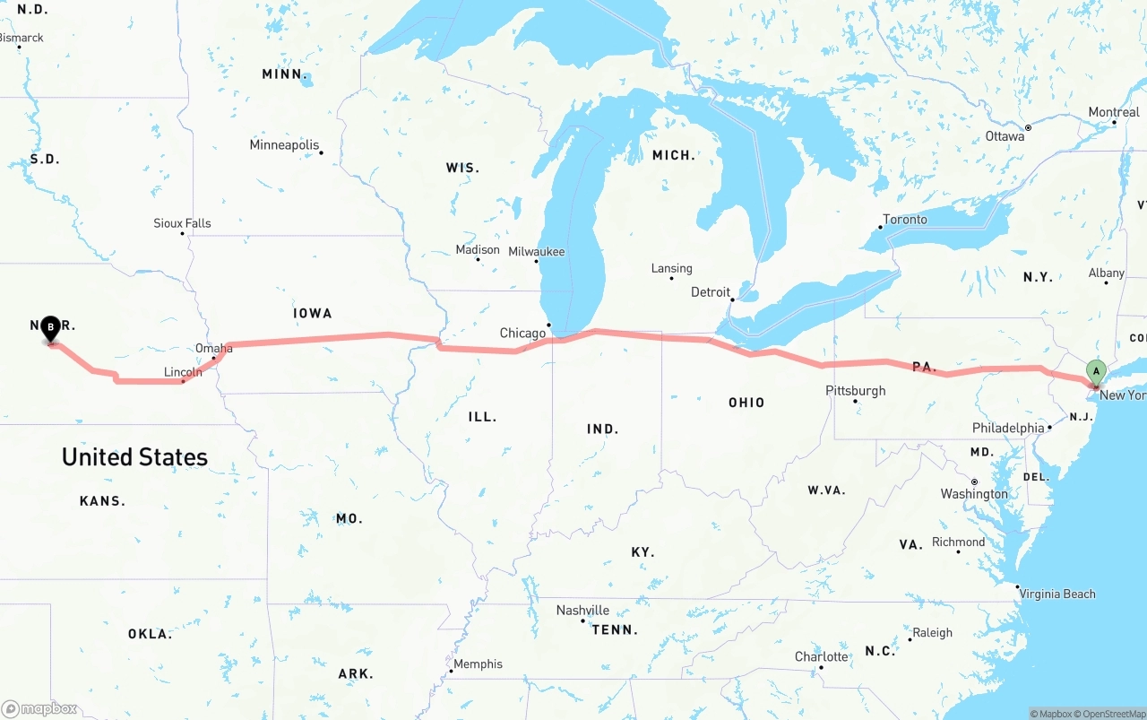 Shipping route from Port of New York to Nebraska