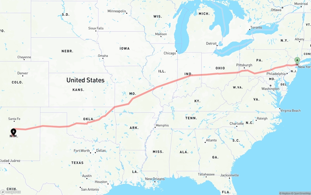 Shipping route from Port of New York to New Mexico