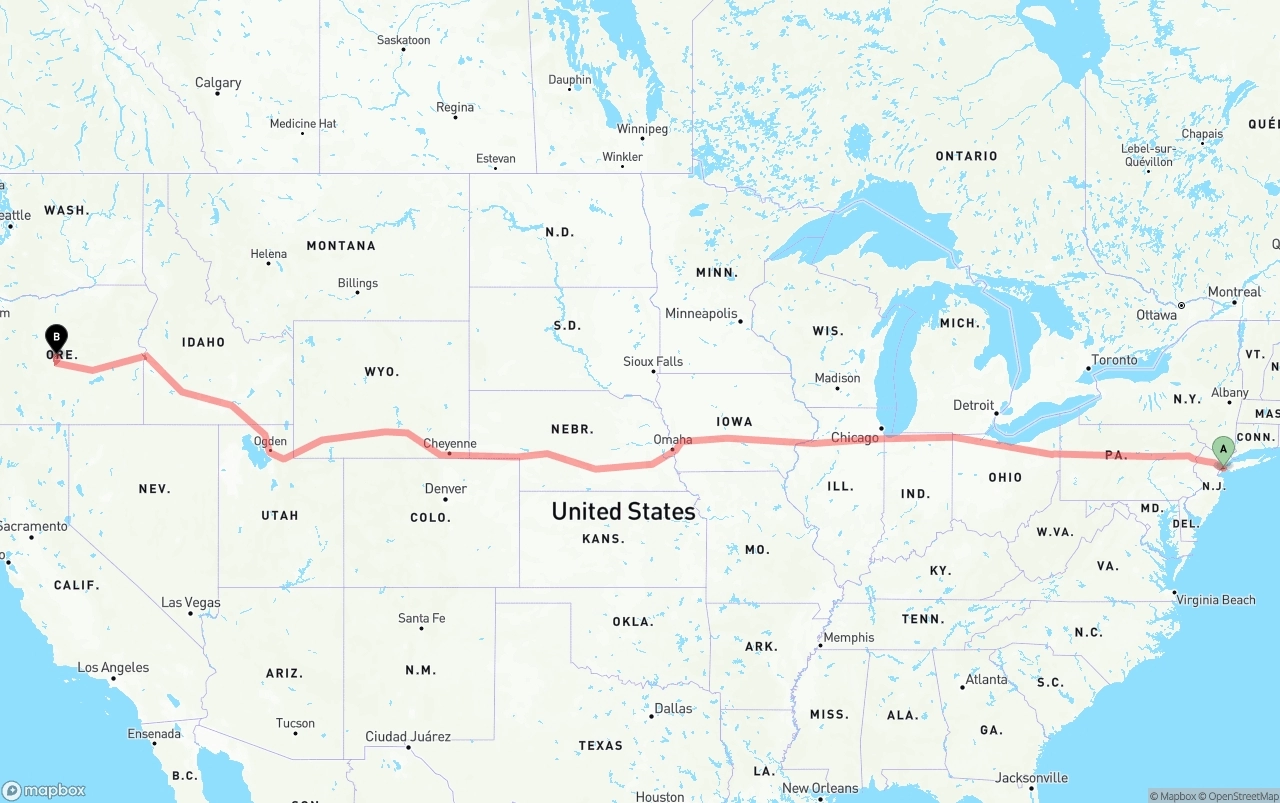 Shipping route from Port of New York to Oregon