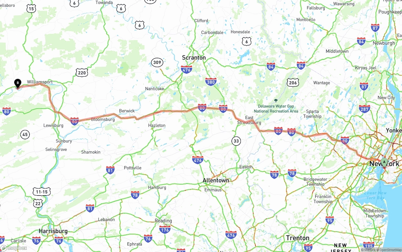 Shipping route from Port of New York to Pennsylvania