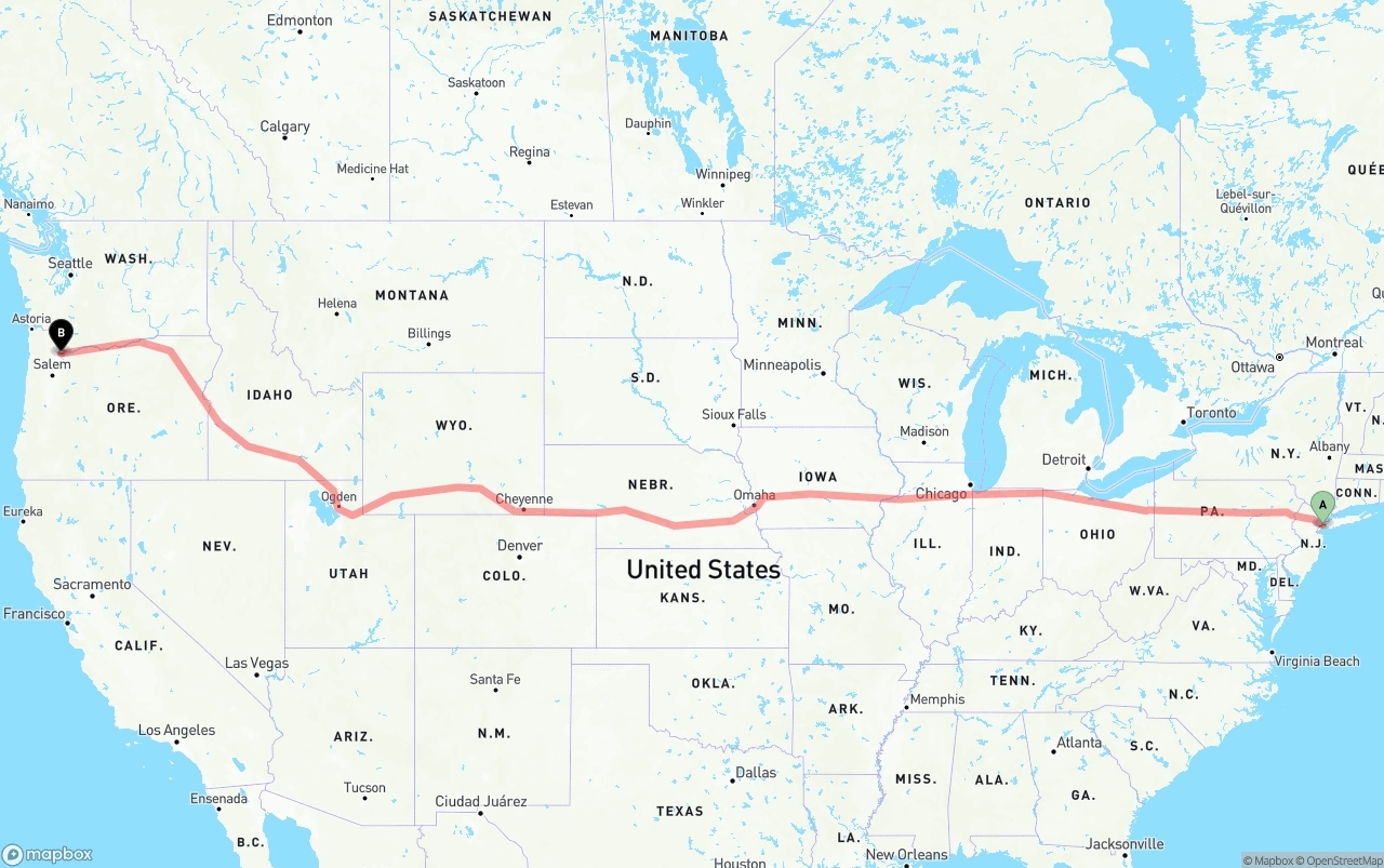 Shipping route from Port of New York to Portland