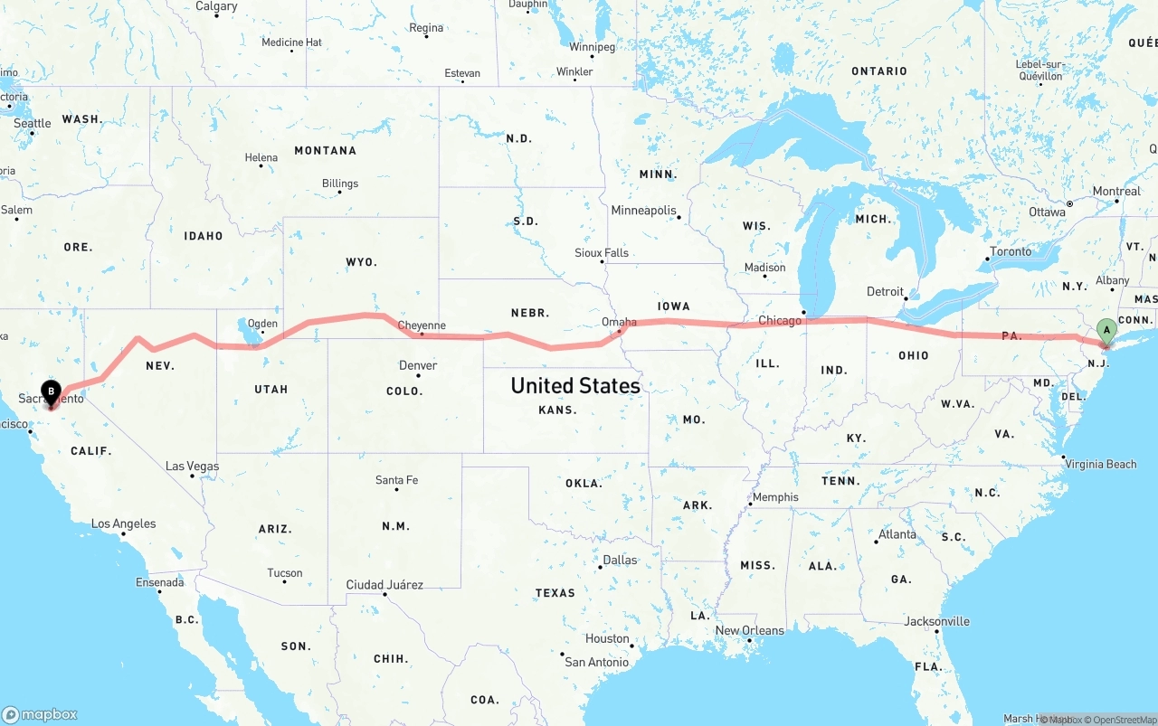 Shipping route from Port of New York to Sacramento
