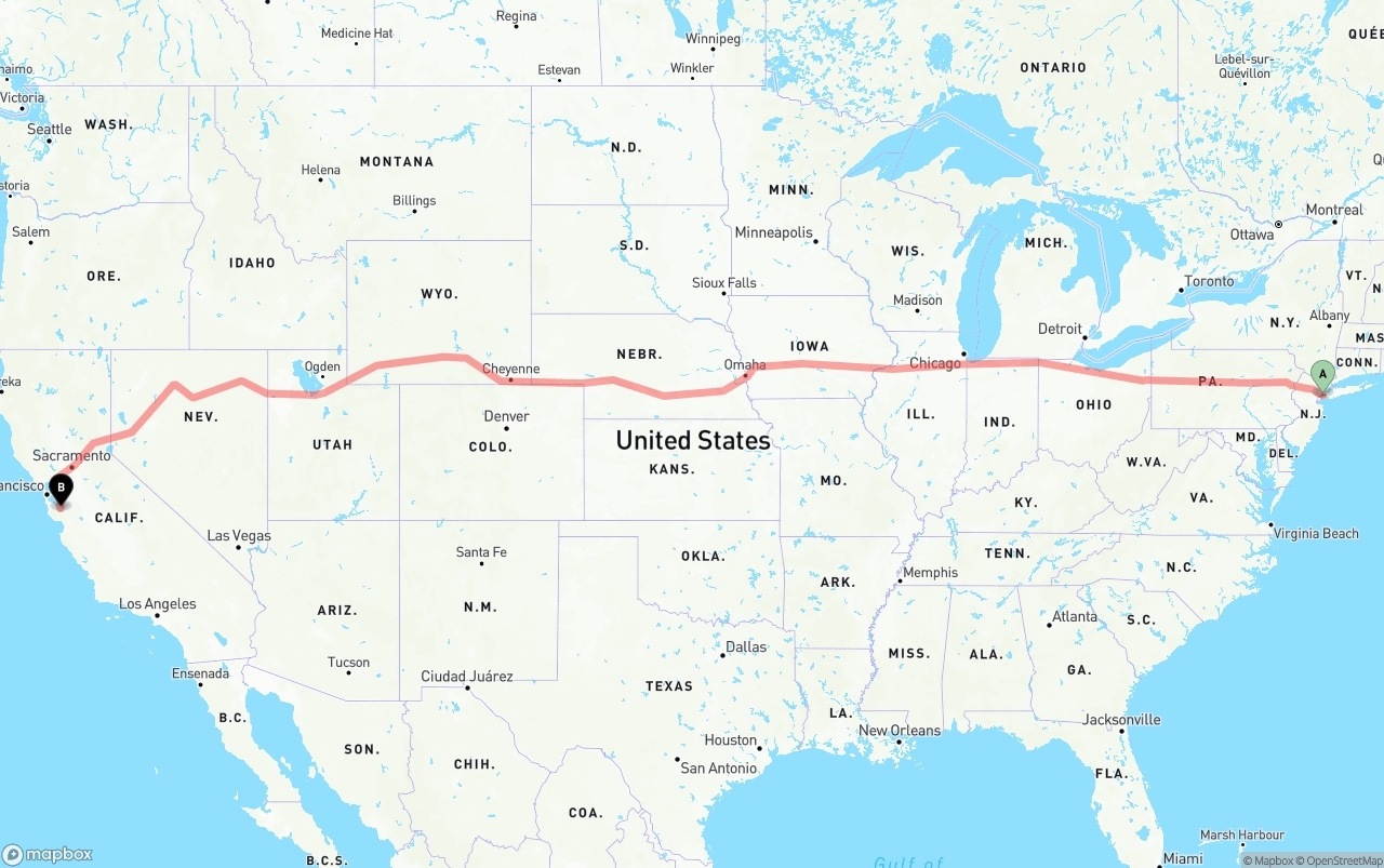 Shipping route from Port of New York to San Jose