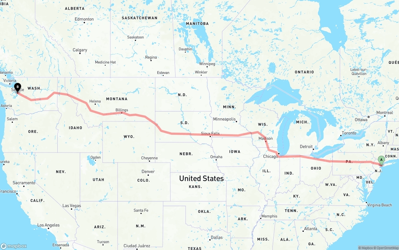 Shipping route from Port of New York to Seattle