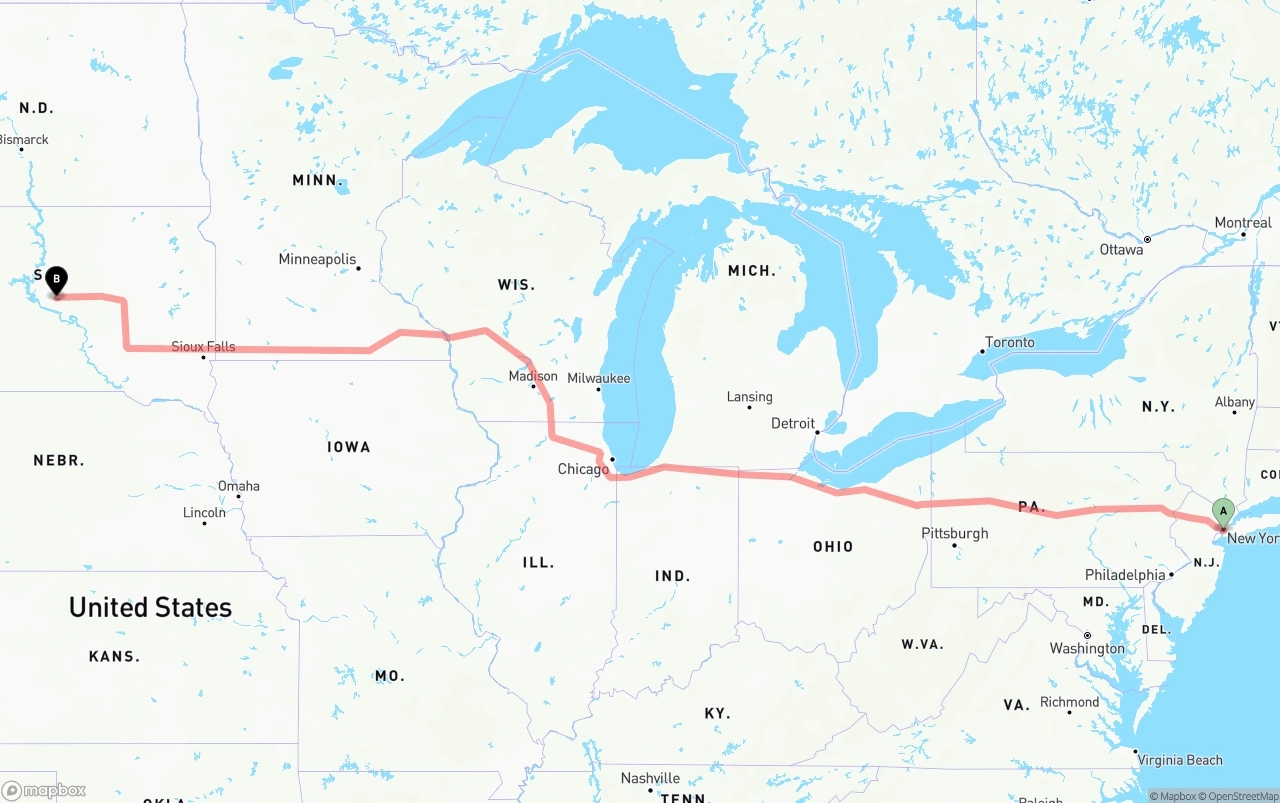 Shipping route from Port of New York to South Dakota