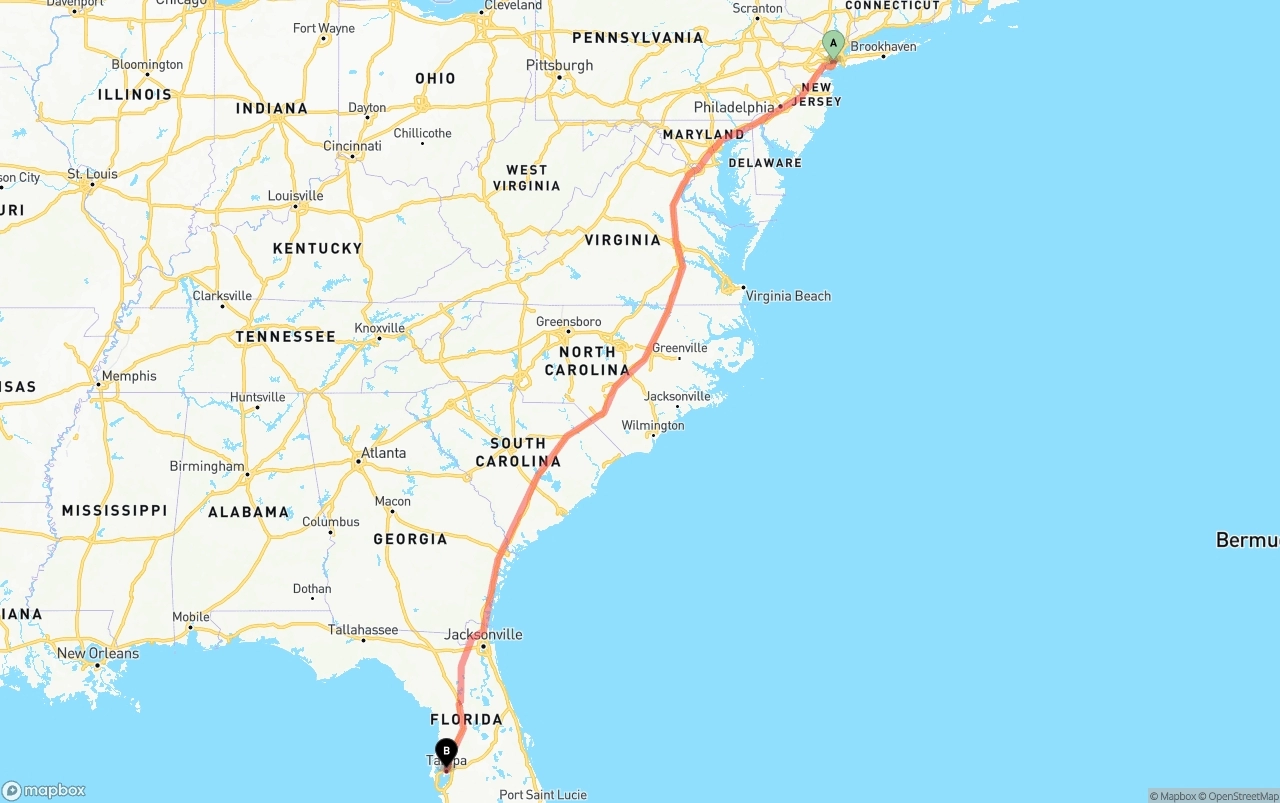 Shipping route from Port of New York to Tampa