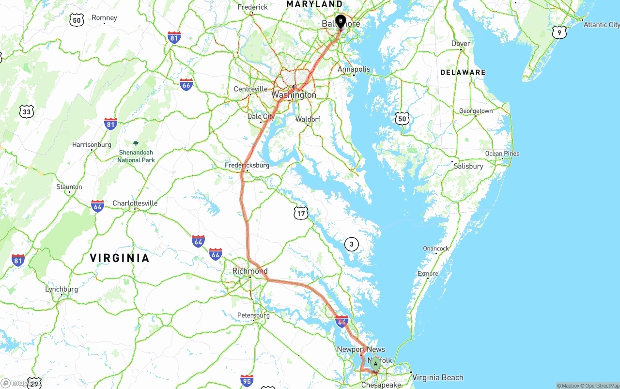 Shipping route from Port of Norfolk to Baltimore
