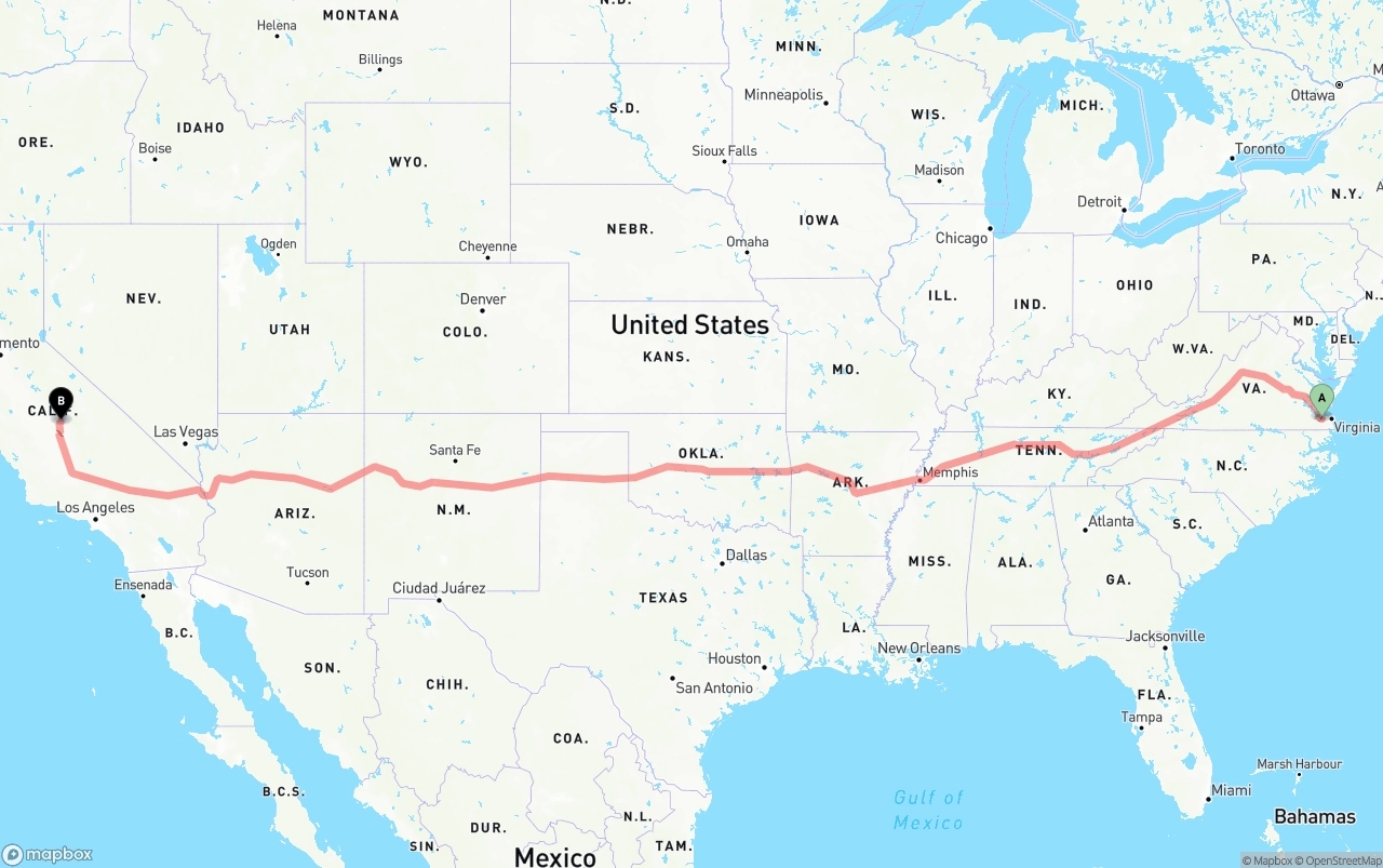 Shipping route from Port of Norfolk to California