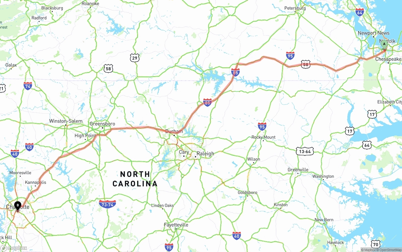 Shipping route from Port of Norfolk to Charlotte