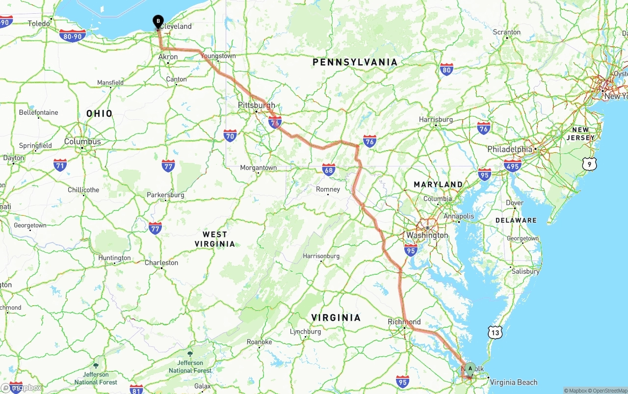 Shipping route from Port of Norfolk to Cleveland